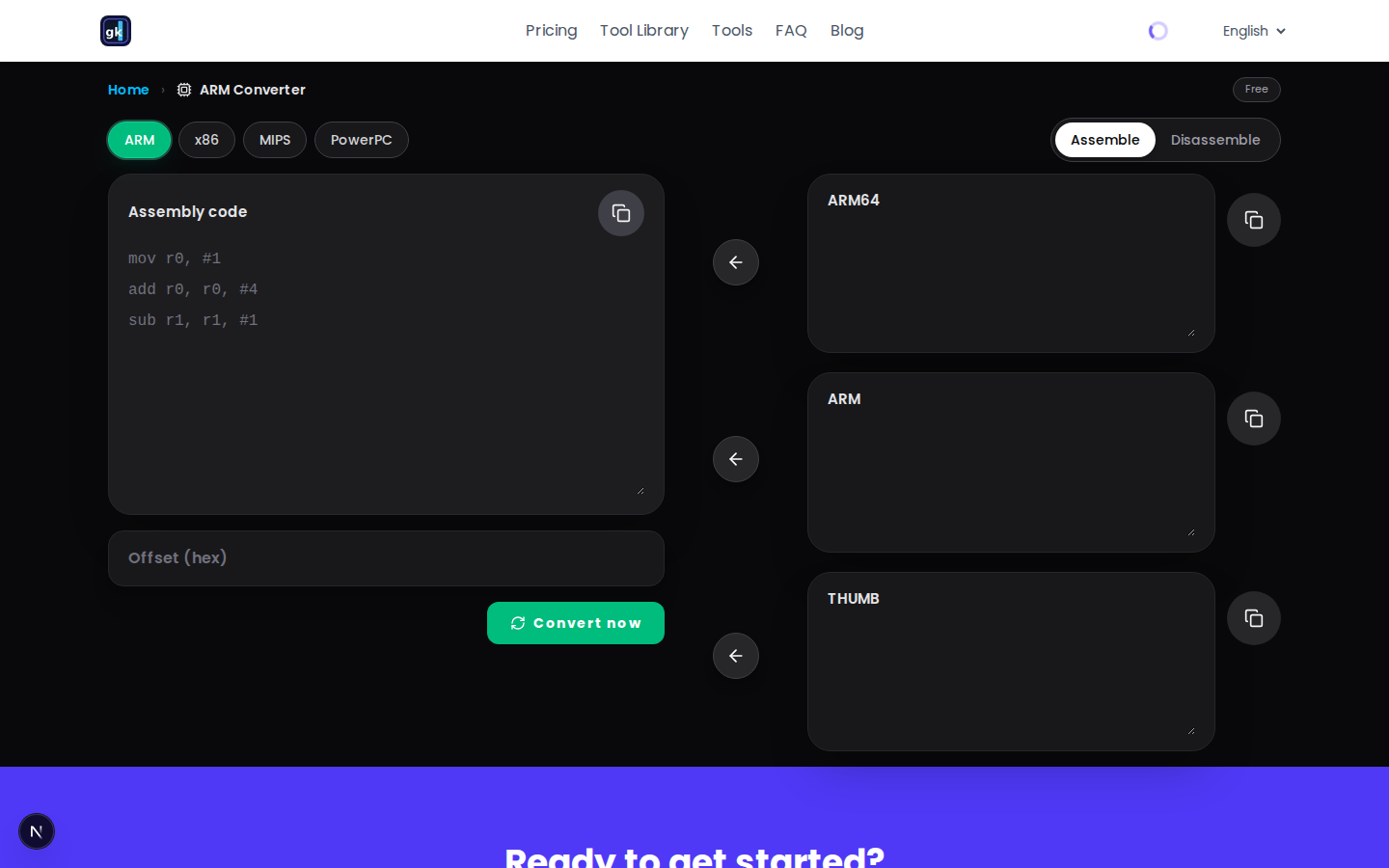 Assembler / Disassembler tool first-screen layout